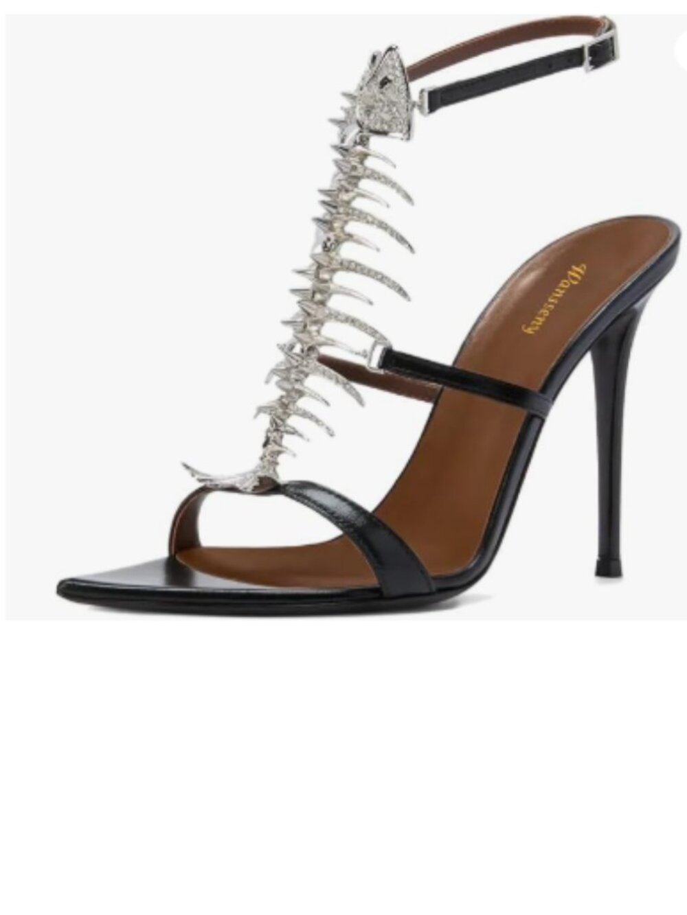Wansseny Black Open Toe Fishbone Rhinestones Ankle Strap Stiletto Heels Sandals